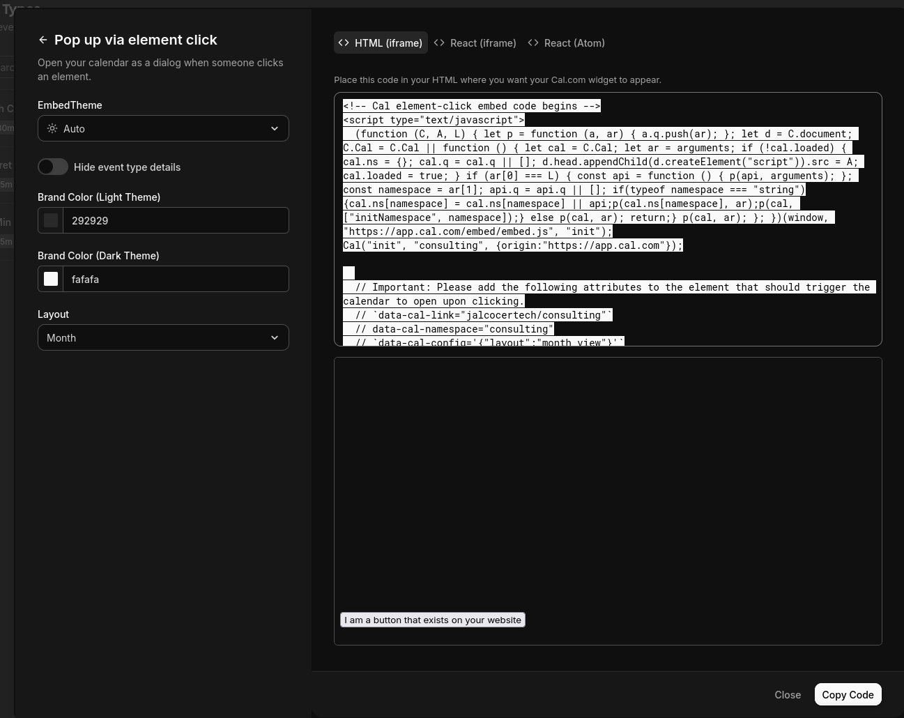 Getting the HTML code from Cal.com to embed into your website